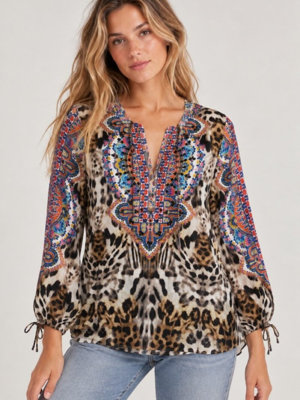 Hale Bob Leopard Rhinestone Embellished Tunic Blouse M Medium Medallion Tie Neck